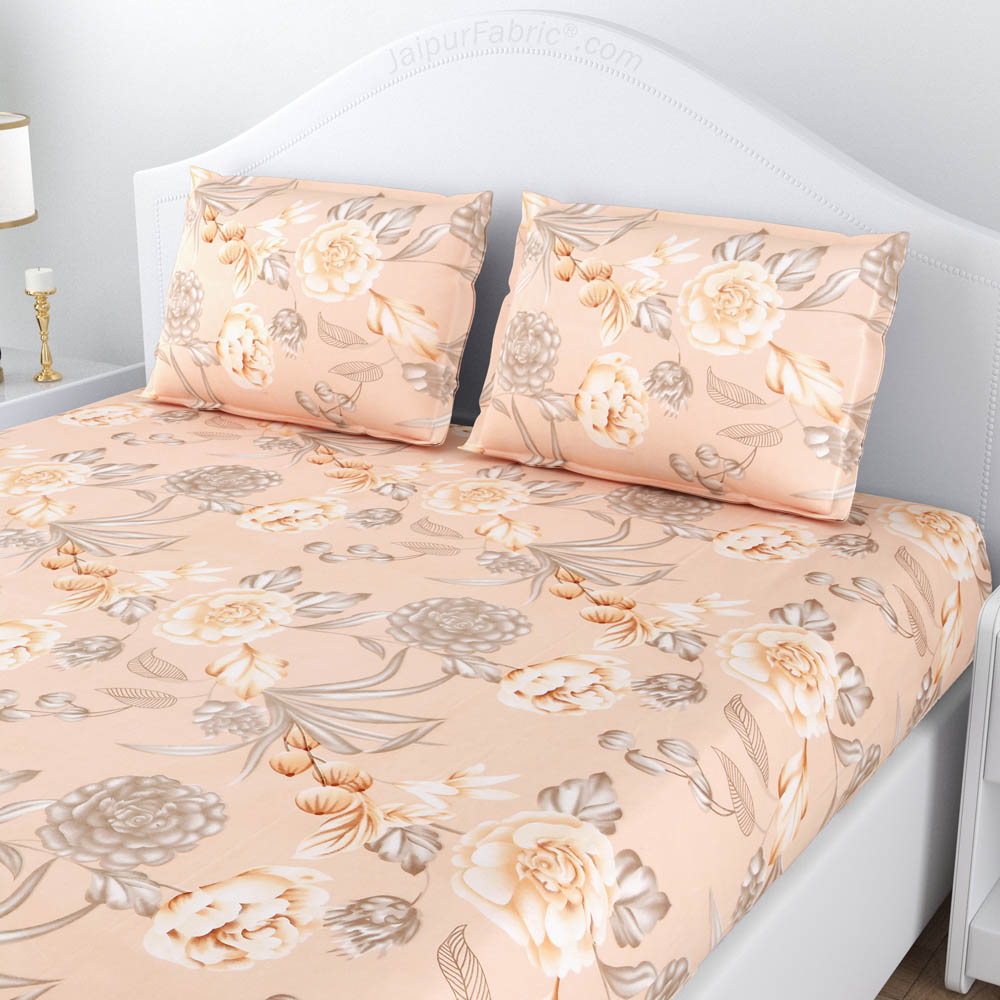 Pretty Peach Floral Poly Cotton Double BedSheet