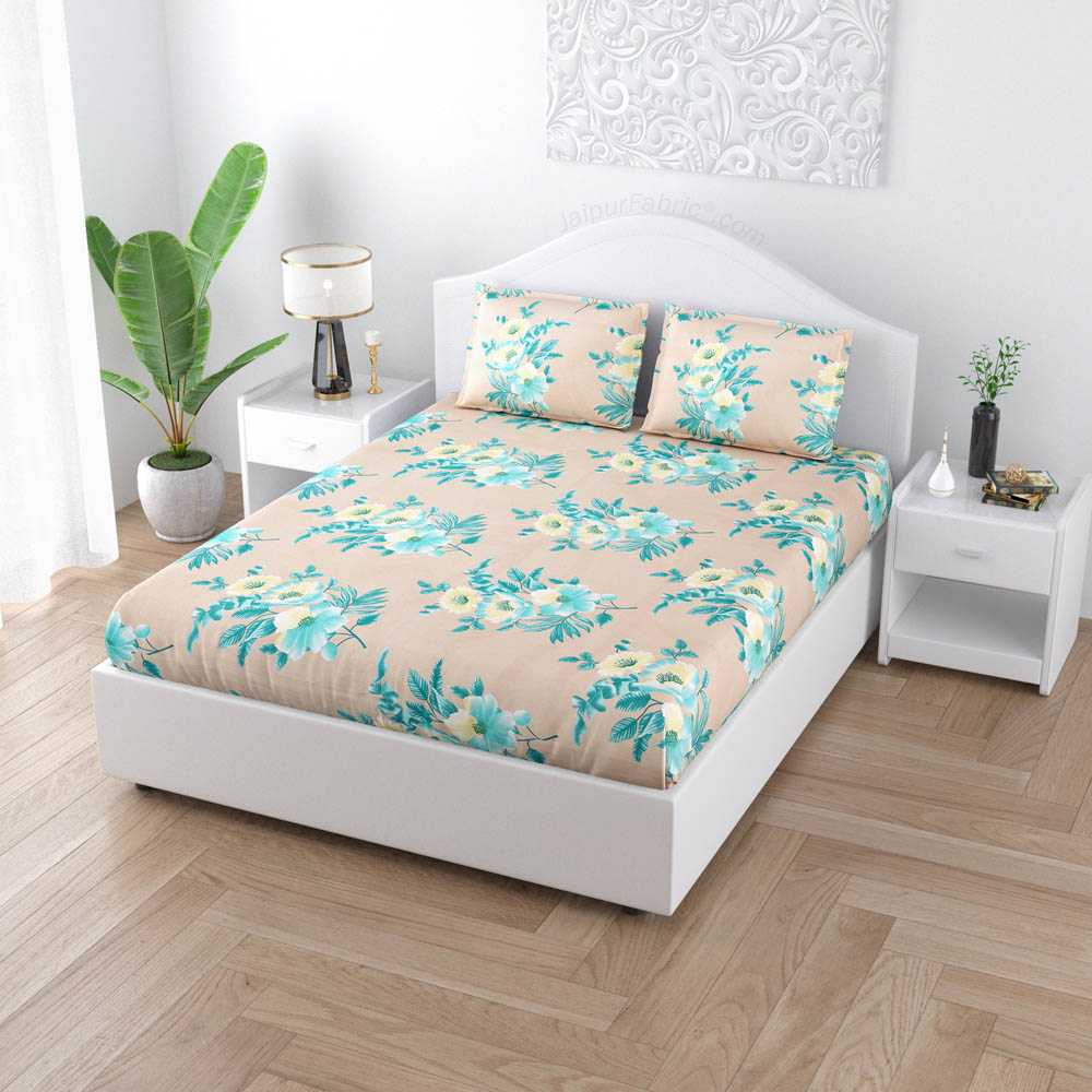 Turquoise Beige Floral Poly Cotton Double BedSheet