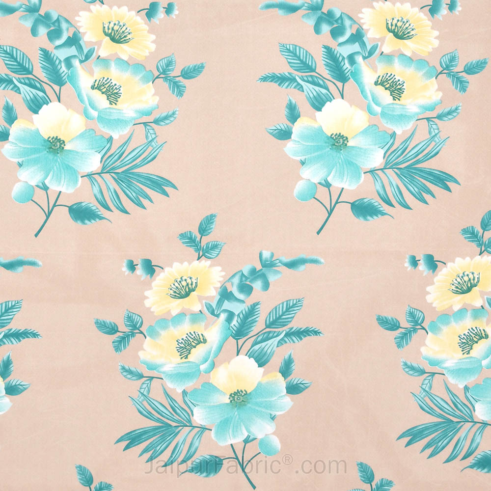 Turquoise Beige Floral Poly Cotton Double BedSheet