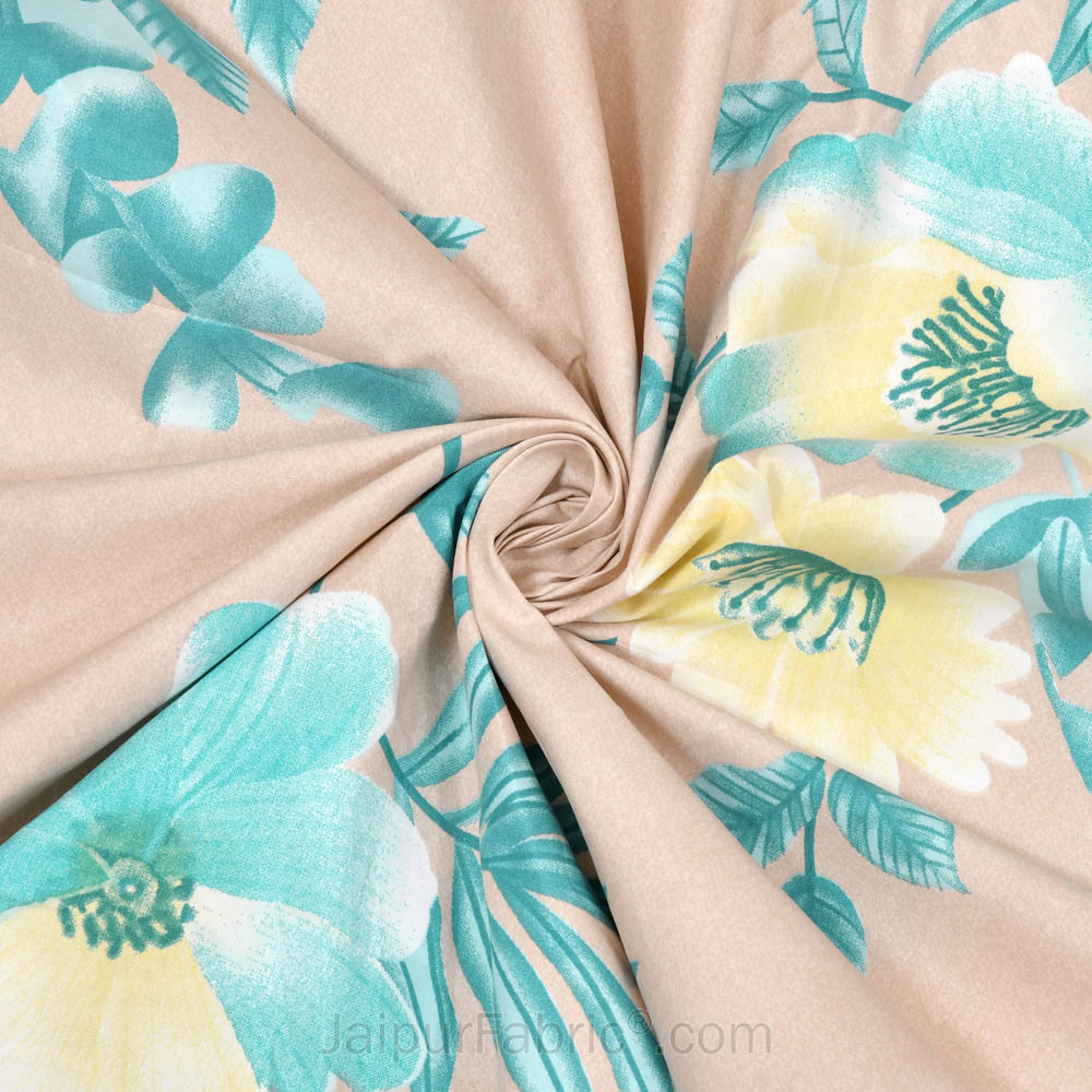 Turquoise Beige Floral Poly Cotton Double BedSheet