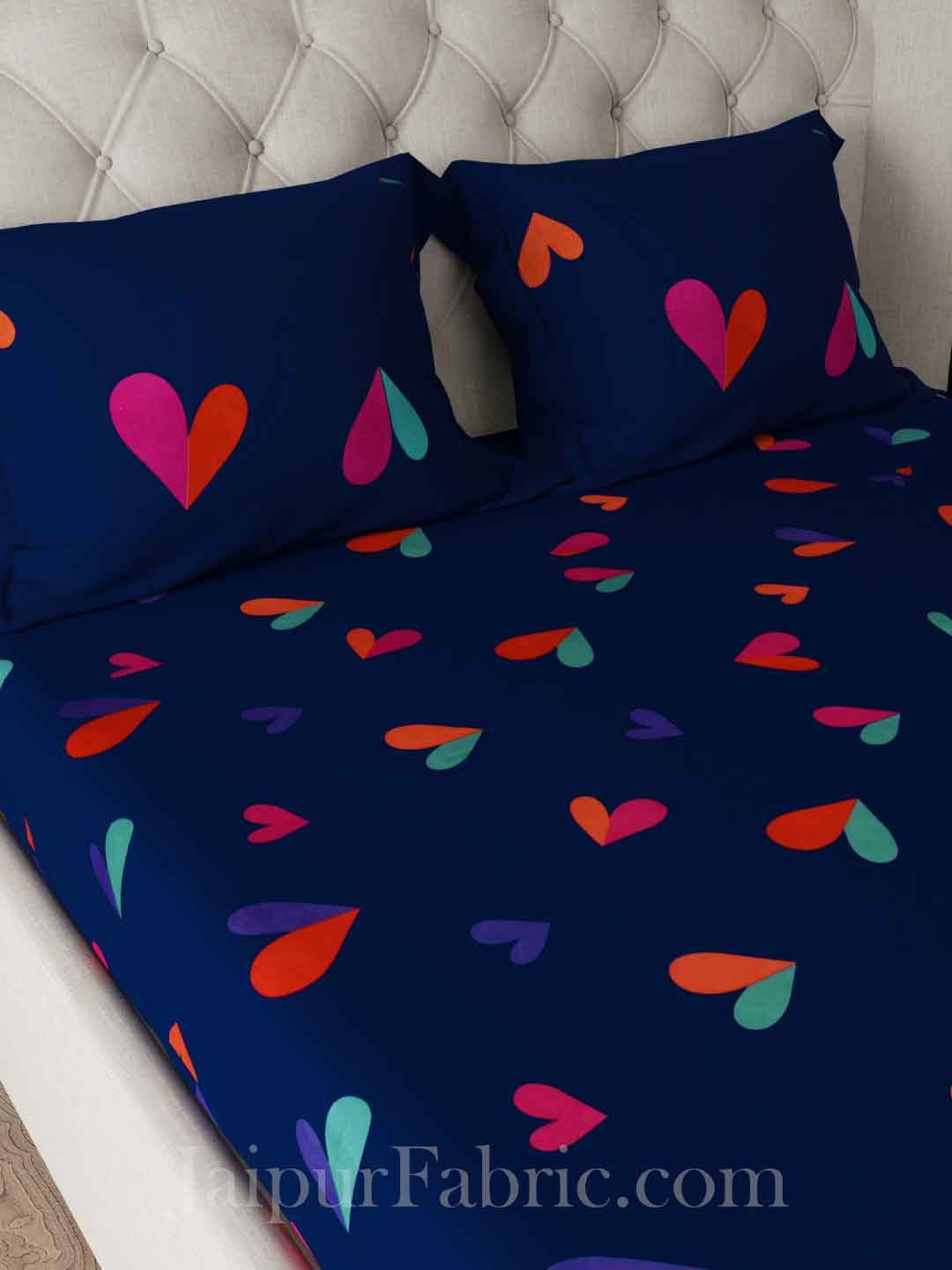 Navy Blue Shade with Multicolored Hearts Design Double Bedsheet