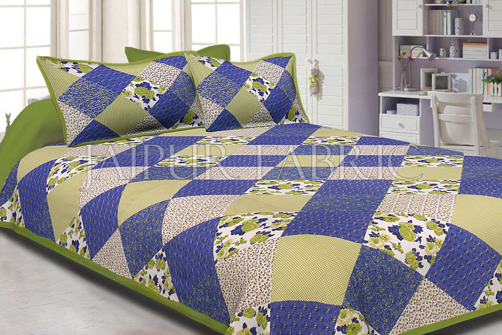 Green Border Multicolor Base Flower Screen Print Cotton Double Bed Sheet