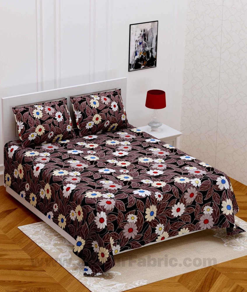 Chocolate Brown Multi Floral Super Soft Double Bedsheet