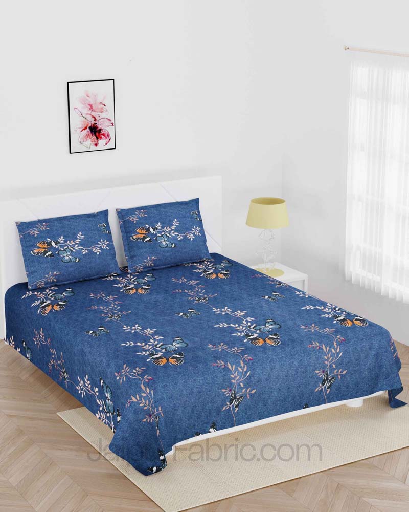 Navy Blue Butterfly Super Soft Double Bedsheet