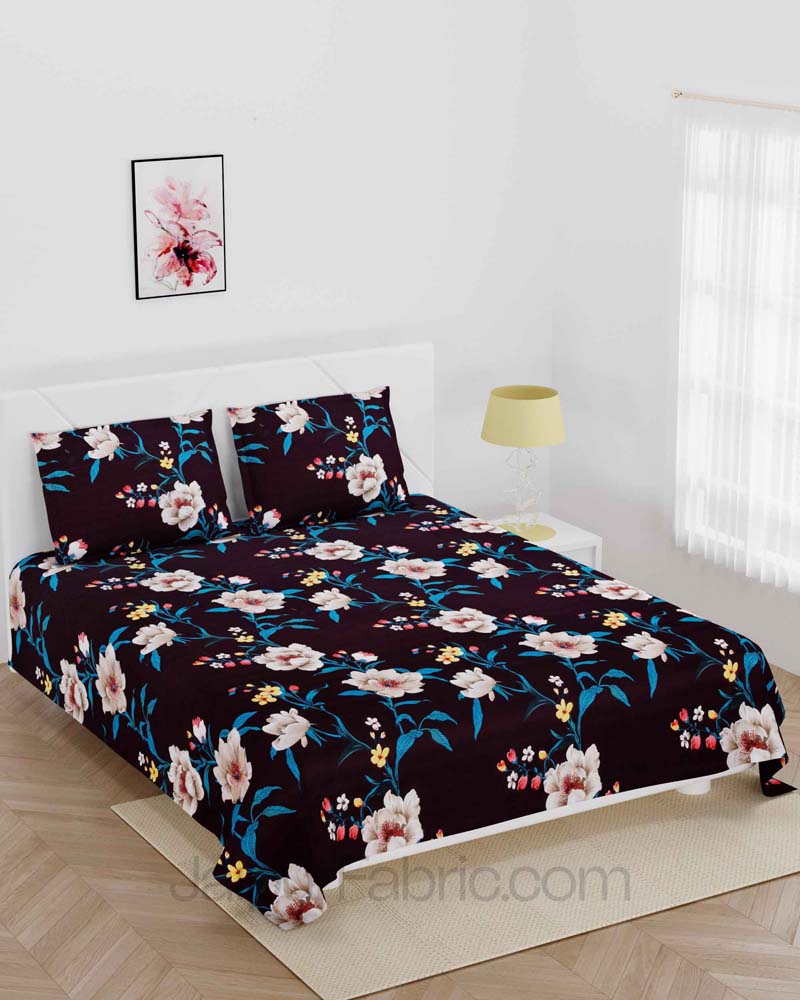 Chocolate Brown Floral Super Soft Double Bedsheet