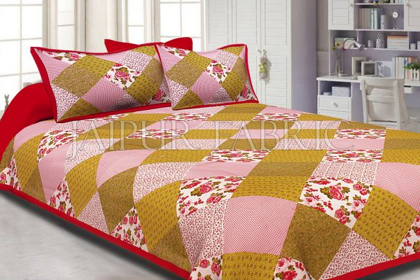 Maron Border Multicolor Base Flower Screen Print Cotton Double Bed Sheet