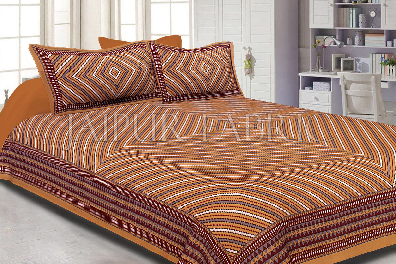 Brown Border Square and line Pattern Screen Print Cotton Double Bed Sheet