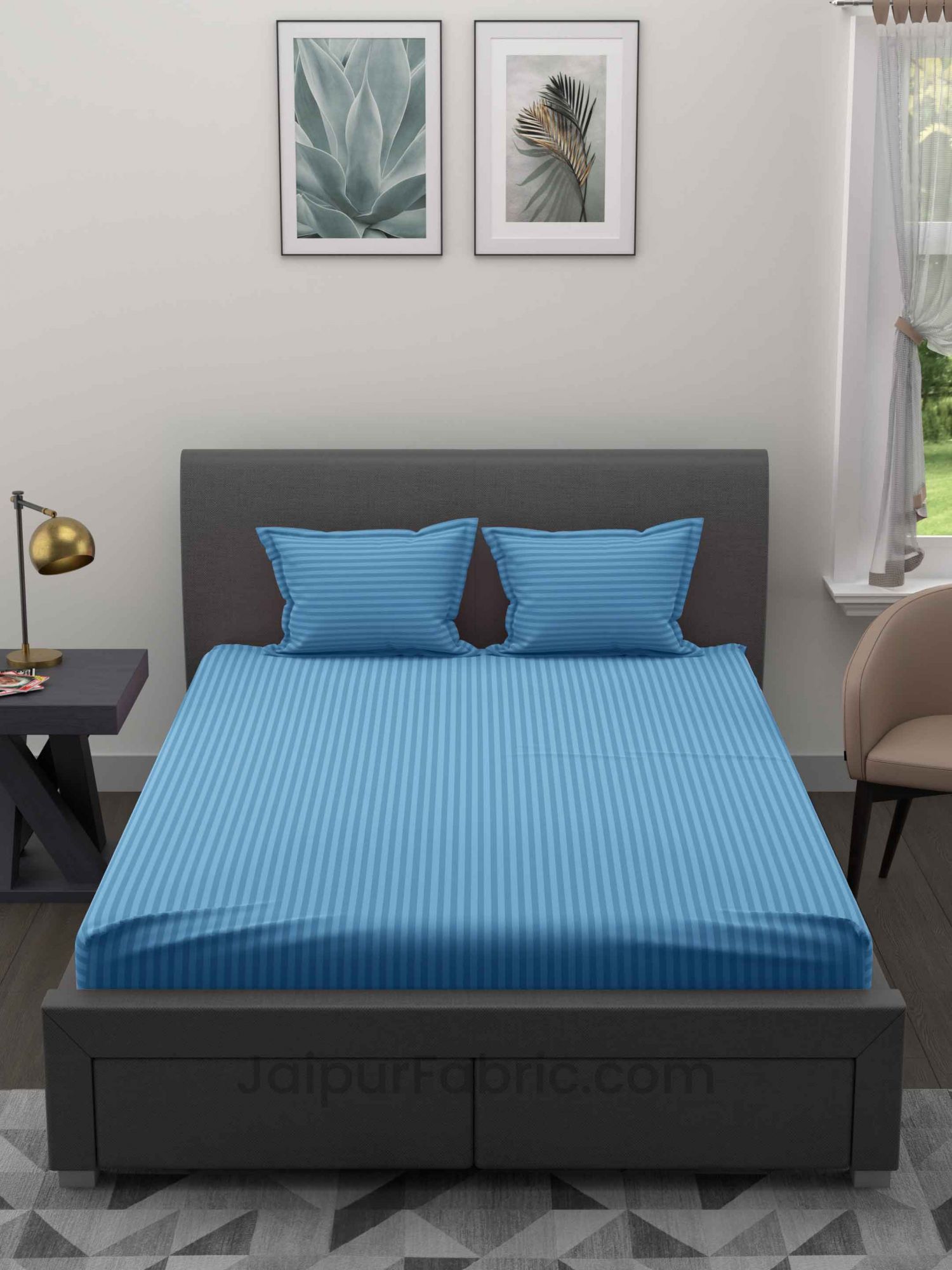 Sky Blue Satin Stripes Double BedSheet