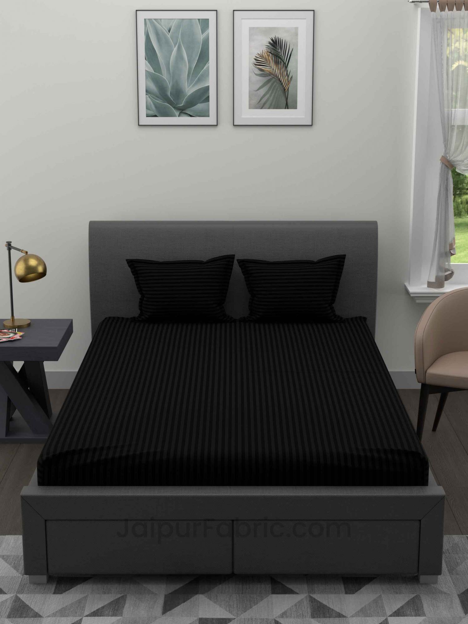 Dark Black Satin Stripes Double BedSheet