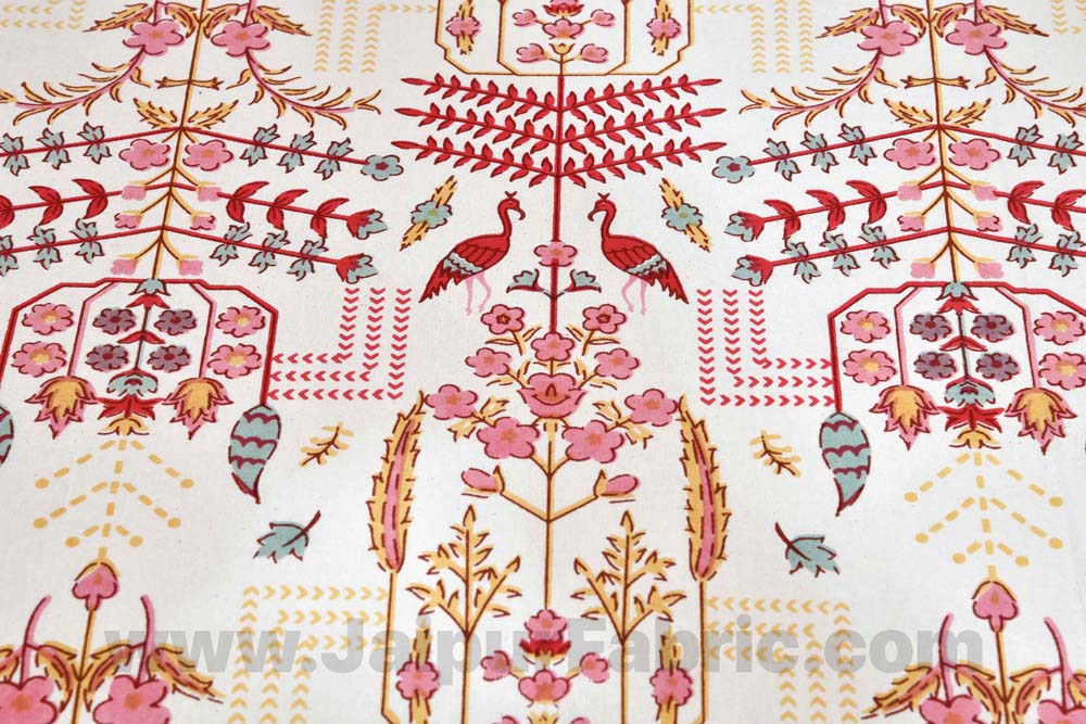 Pure Cotton Artistic Modern Pink Cream Jaipuri Double Bedsheet