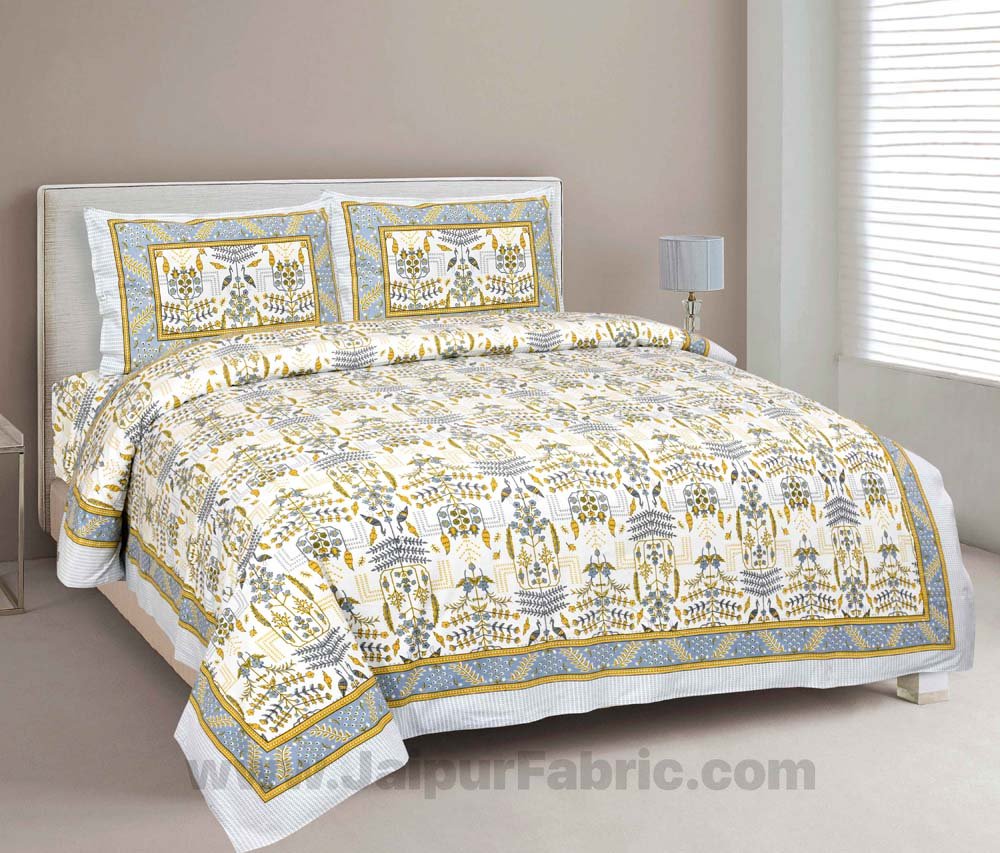 Pure Cotton Artistic Modern Green Mustard Jaipuri Double Bedsheet