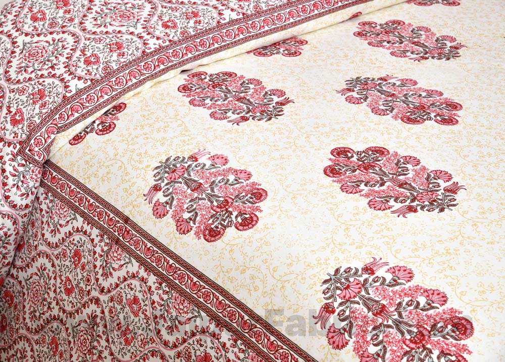 Pure Cotton Beautiful Bouquet Pink Jaipuri Double Bedsheet