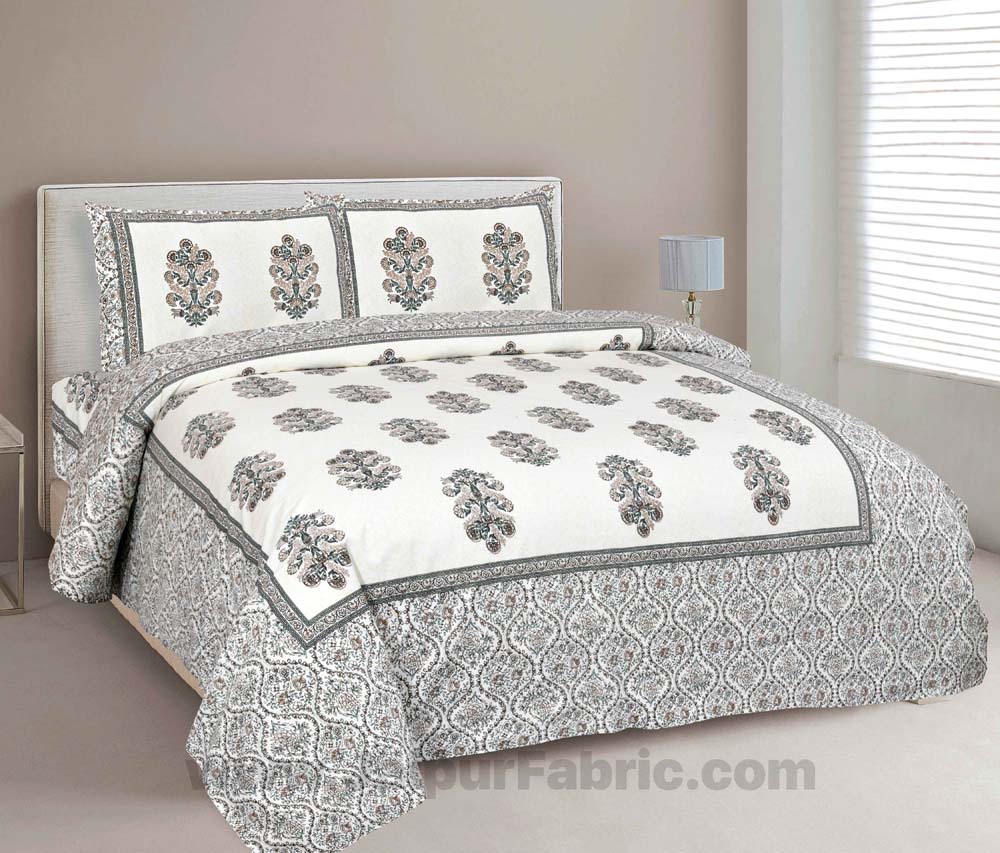 Pure Cotton Beautiful Bouquet Grey Jaipuri Double Bedsheet