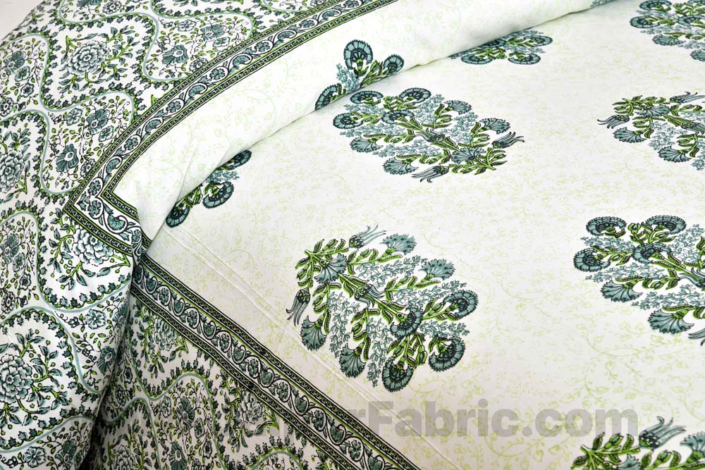 Pure Cotton Beautiful Bouquet Green Jaipuri Double Bedsheet