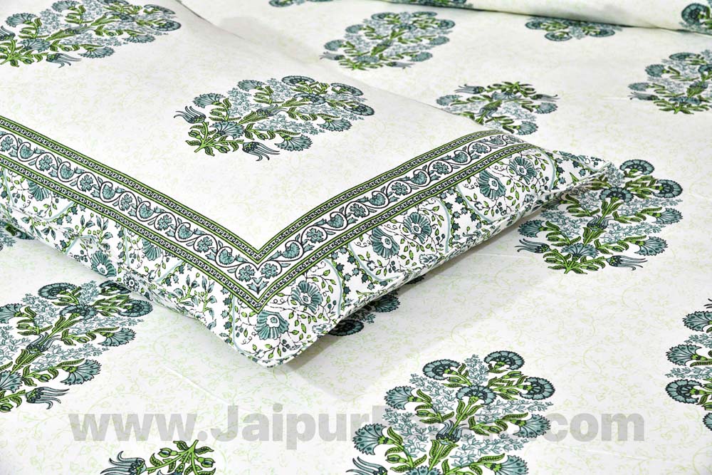 Pure Cotton Beautiful Bouquet Green Jaipuri Double Bedsheet