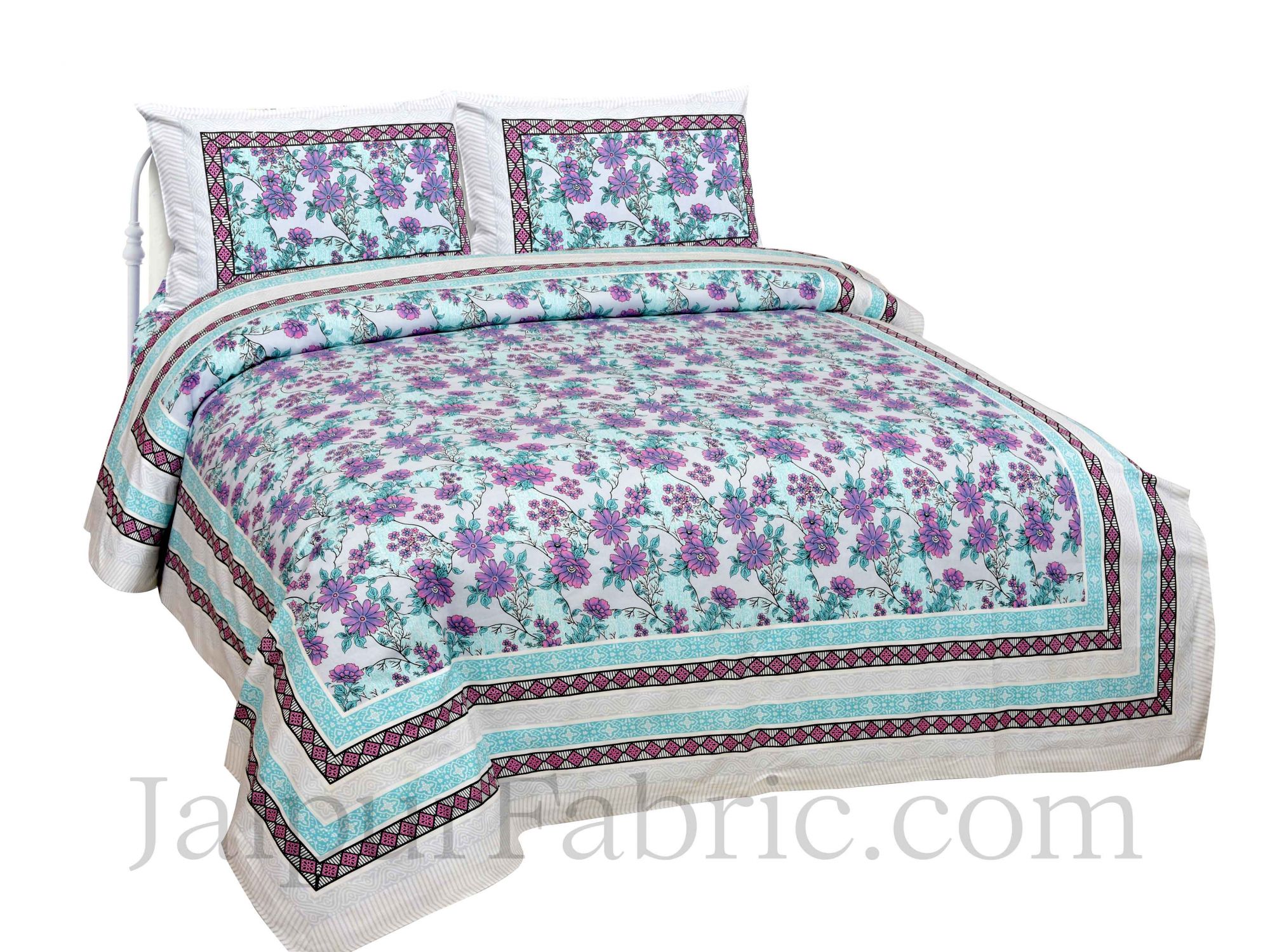 Lavender Turquoise Floral Pure Cotton Double Bedsheet