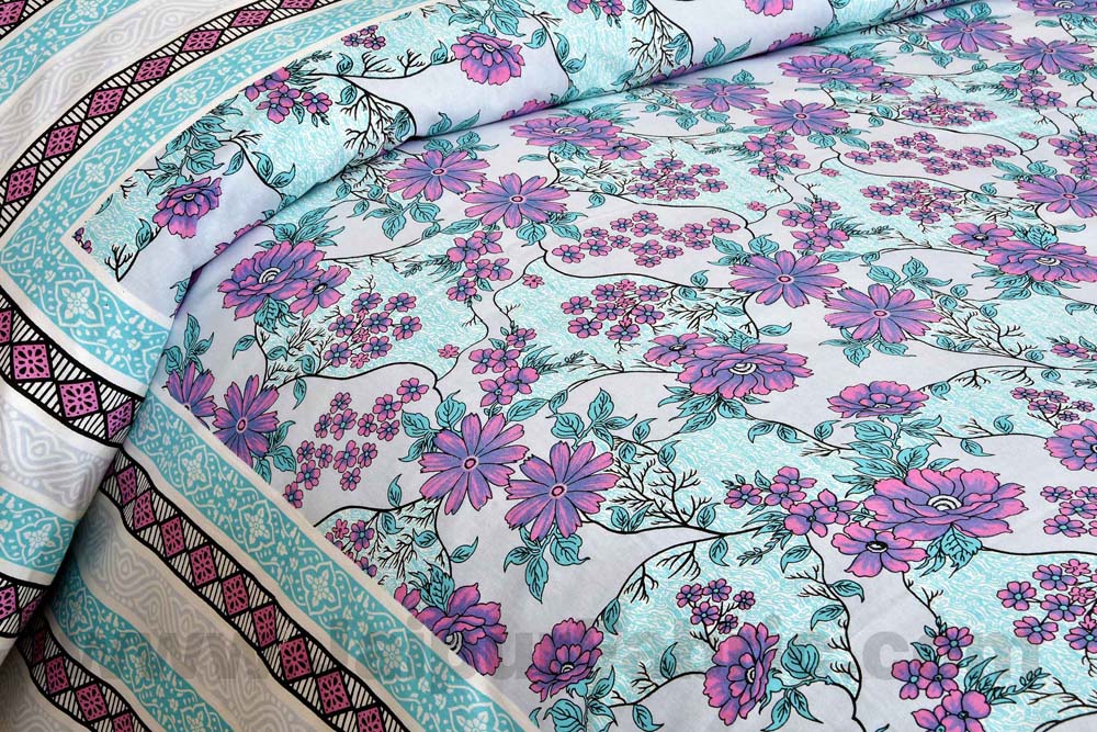 Lavender Turquoise Floral Pure Cotton Double Bedsheet