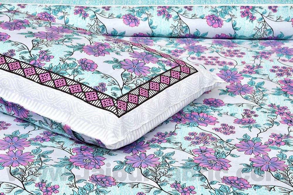 Lavender Turquoise Floral Pure Cotton Double Bedsheet