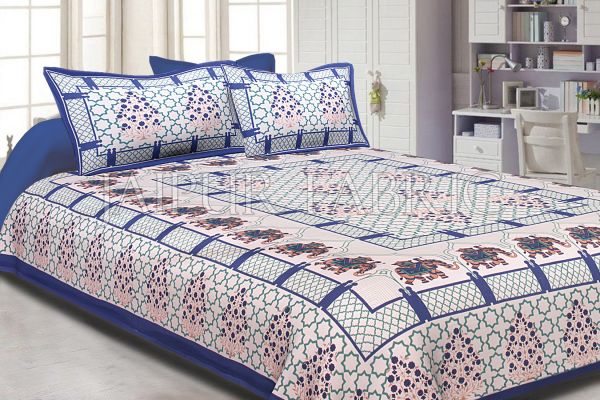 Blue Border White base Elephant Pattern Screen Print Cotton Double Bed Sheet