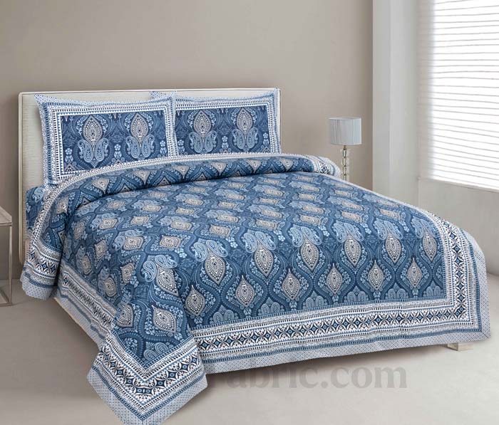 Ornate Stone Blue Seamless Pure Cotton Double Bedsheet