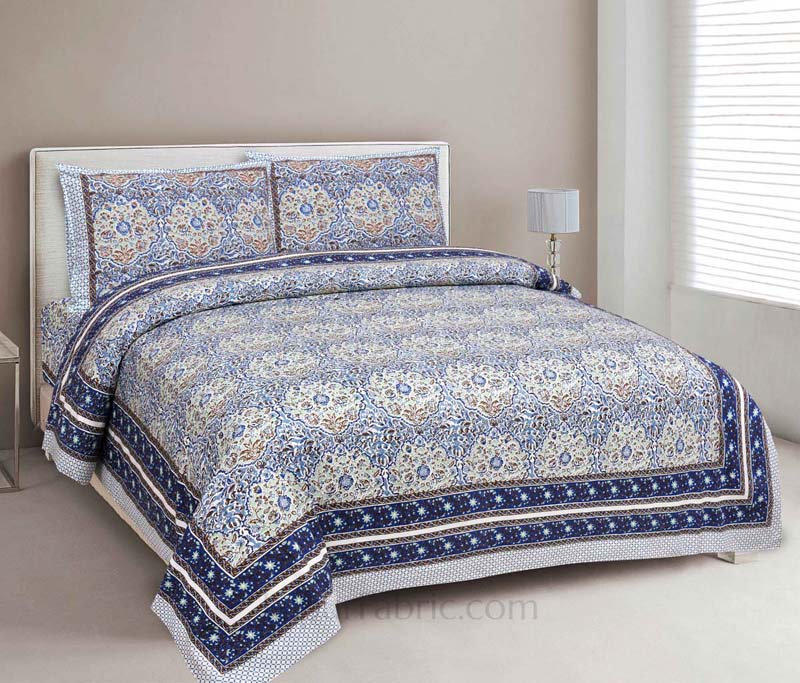 Garden Grace Blue Cotton Double Bedsheet