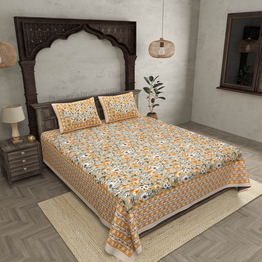 Festine Flower Yellow Cotton Double Bedsheet