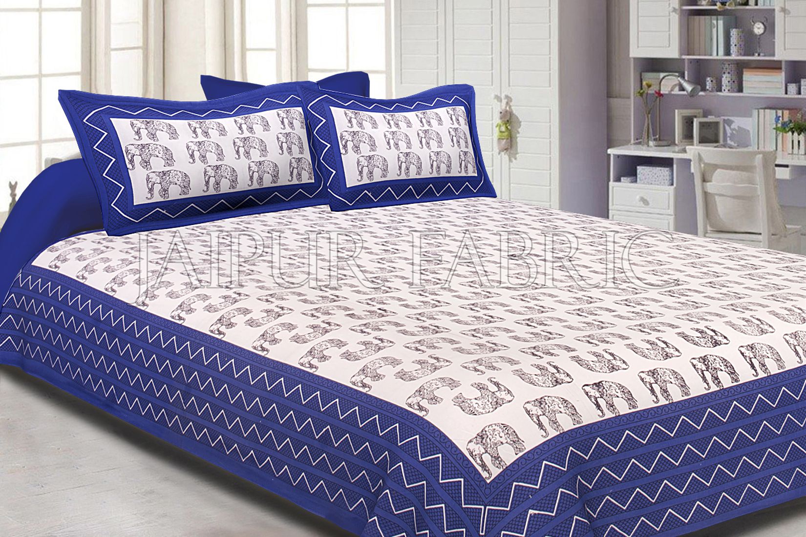 Blue Border Black Elephant Pattern Screen Print Cotton Double Bed Sheet