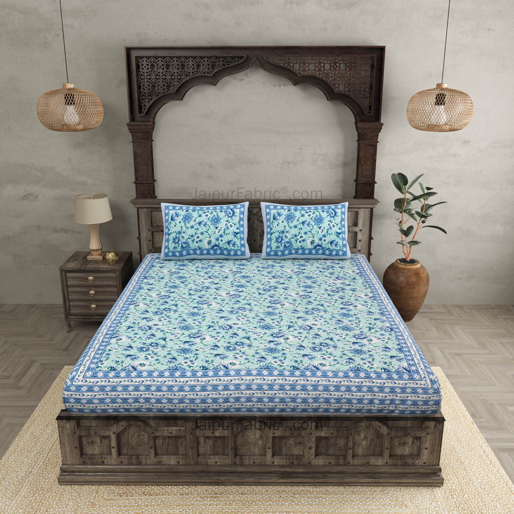 Festine Flower Blue Cotton Double Bedsheet