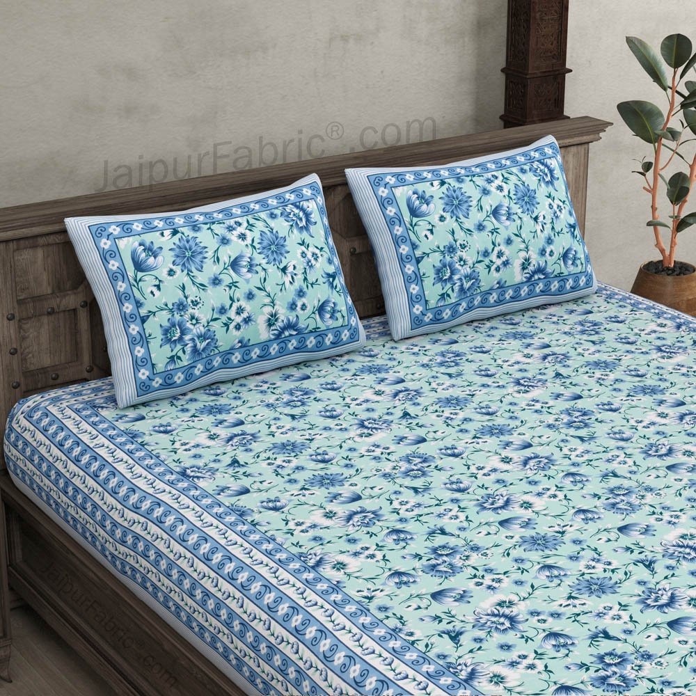 Festine Flower Blue Cotton Double Bedsheet