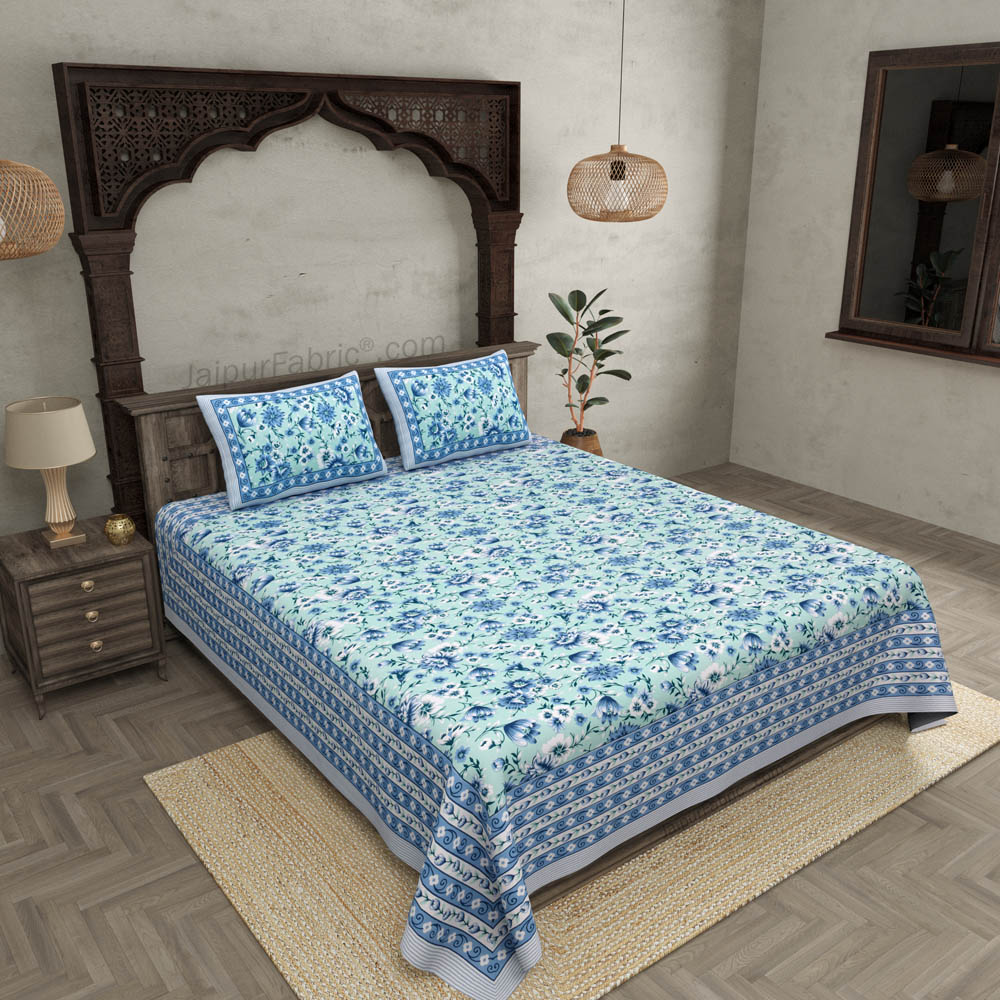 Festine Flower Blue Cotton Double Bedsheet