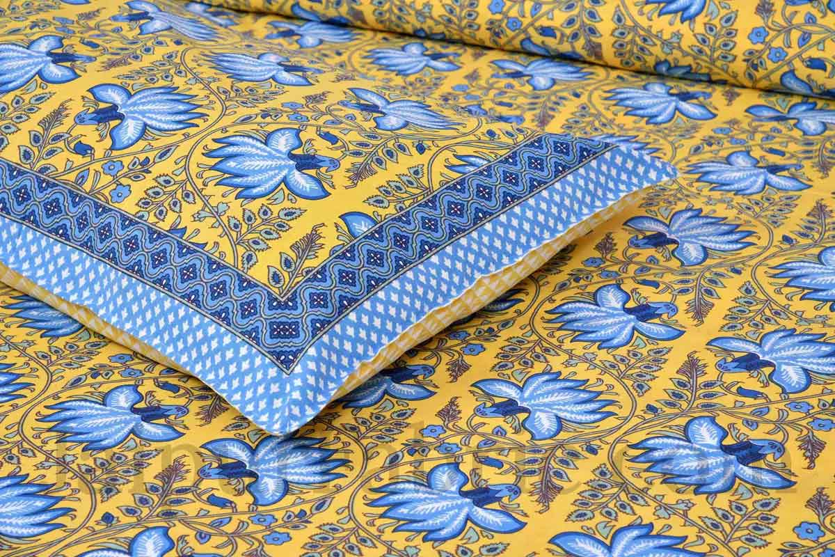 Navy Blue Lotus on Yellow Base Floral Pure Cotton Double BedSheet