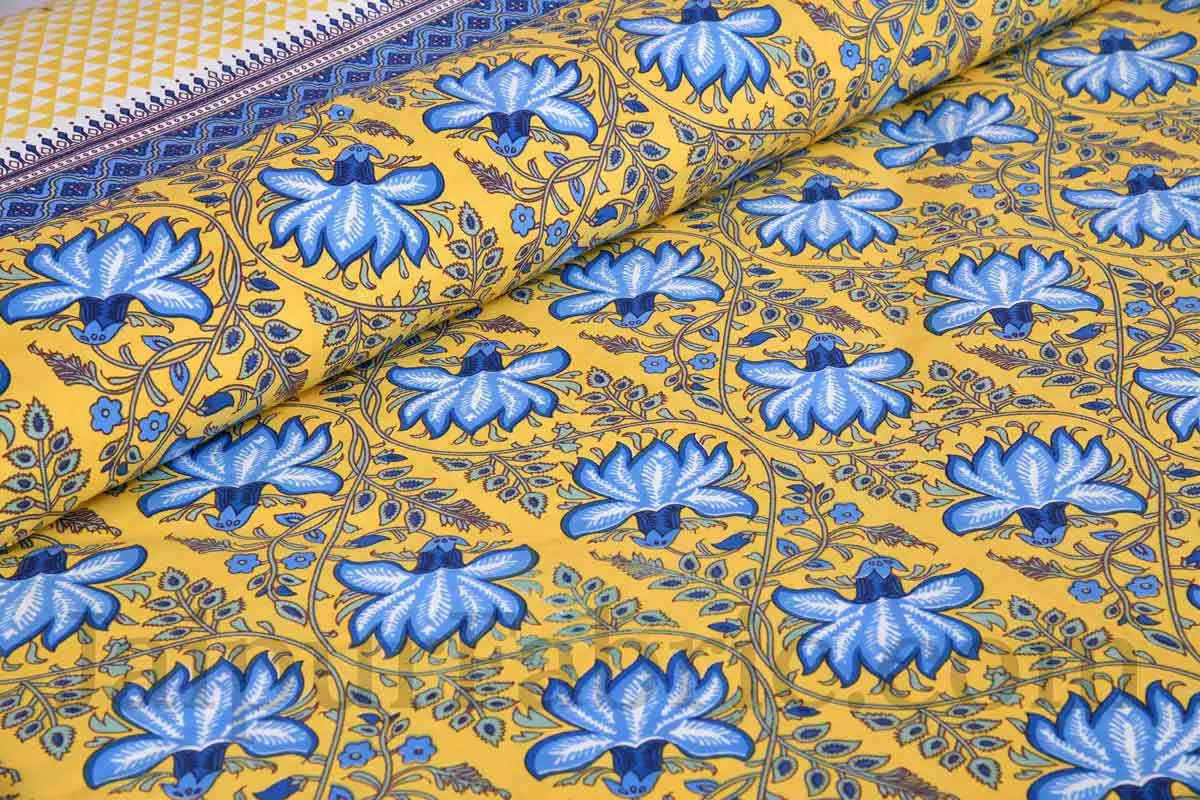 Navy Blue Lotus on Yellow Base Floral Pure Cotton Double BedSheet