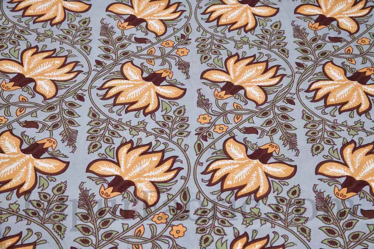 Mustard Lotus on Grey Base Floral Pure Cotton Double BedSheet