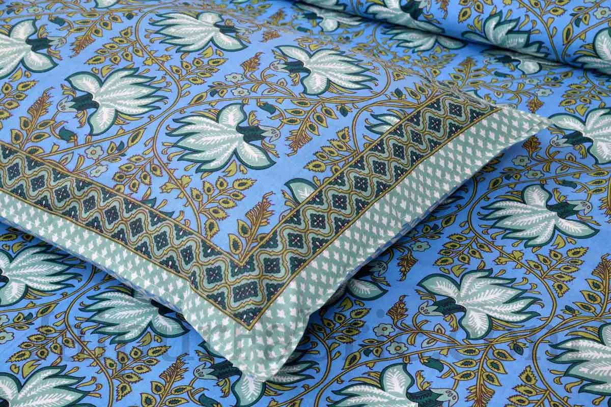 Green Lotus on Blue Base Floral Pure Cotton Double BedSheet