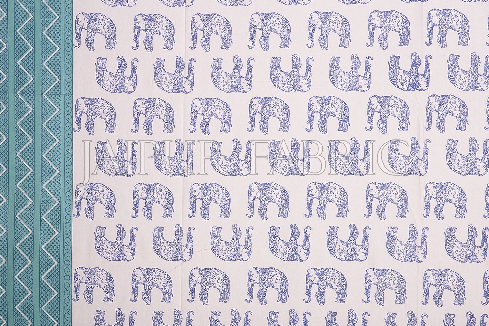 Sea Green Border Blue Elephant Pattern Screen Print Cotton Double Bed Sheet