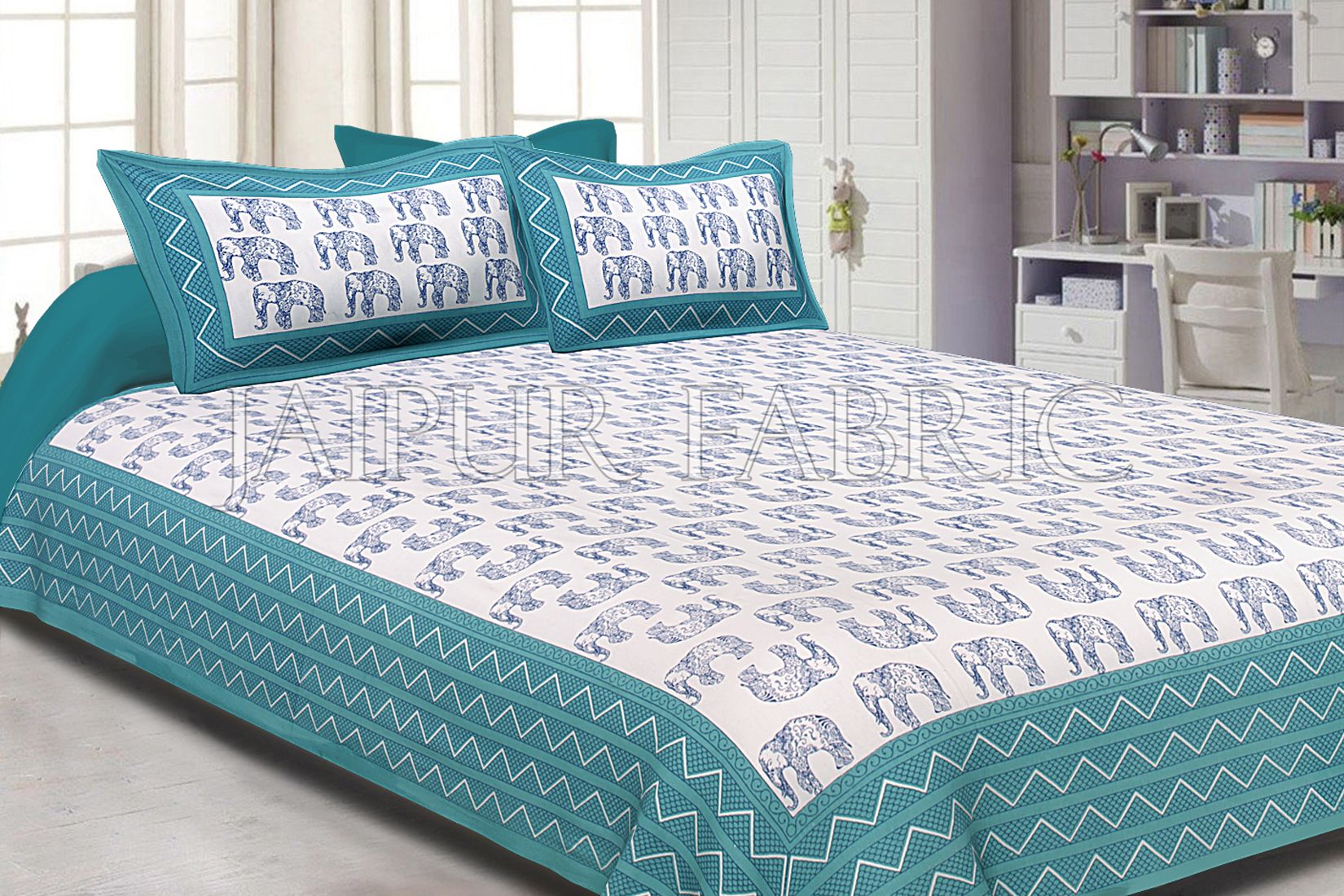 Sea Green Border Blue Elephant Pattern Screen Print Cotton Double Bed Sheet