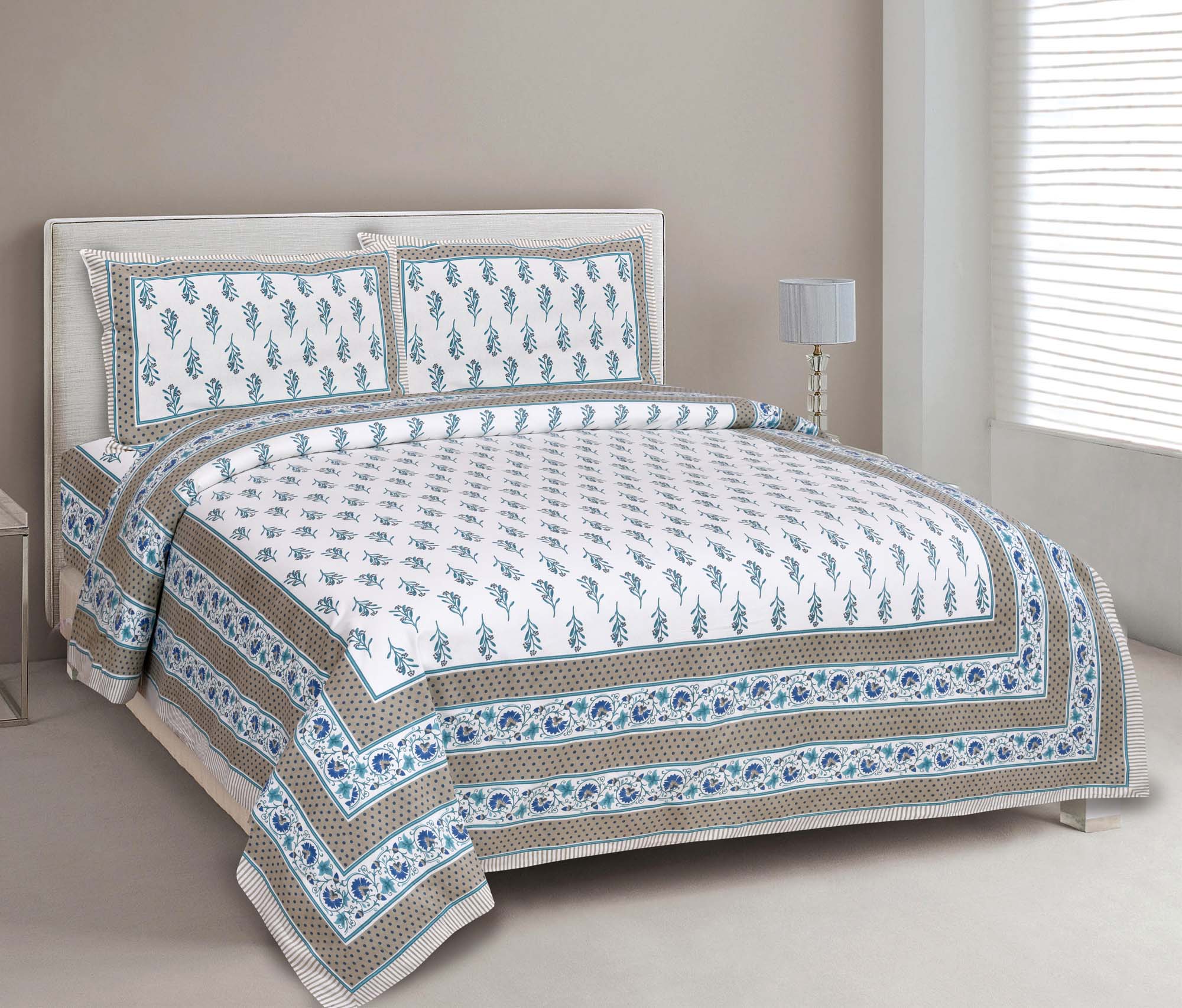 Blue Berry Grey Border Rich Premium Pure Cotton Double BedSheet