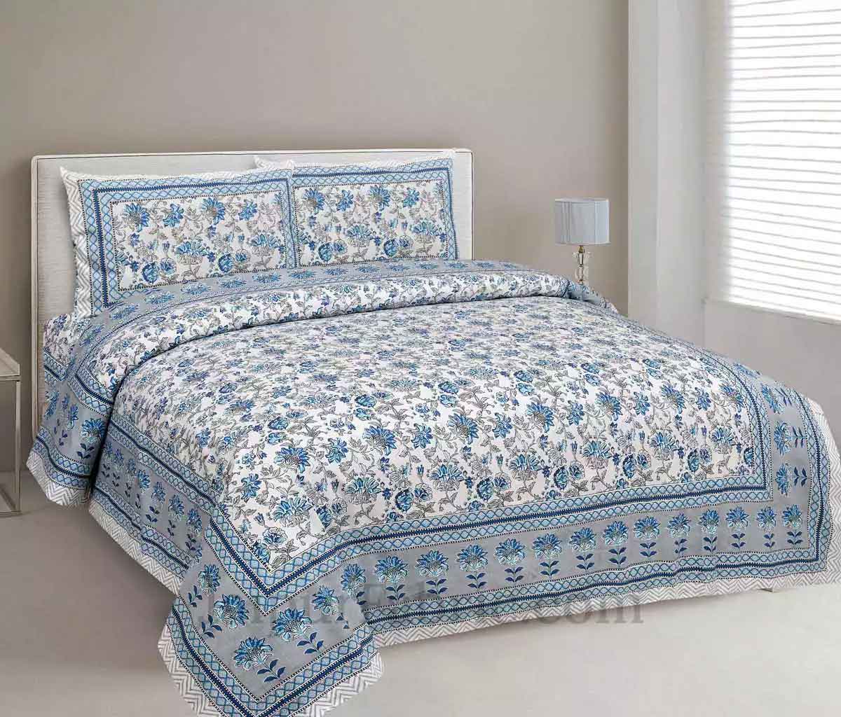 Fresh Carnations Blue Pure Cotton Double BedSheet