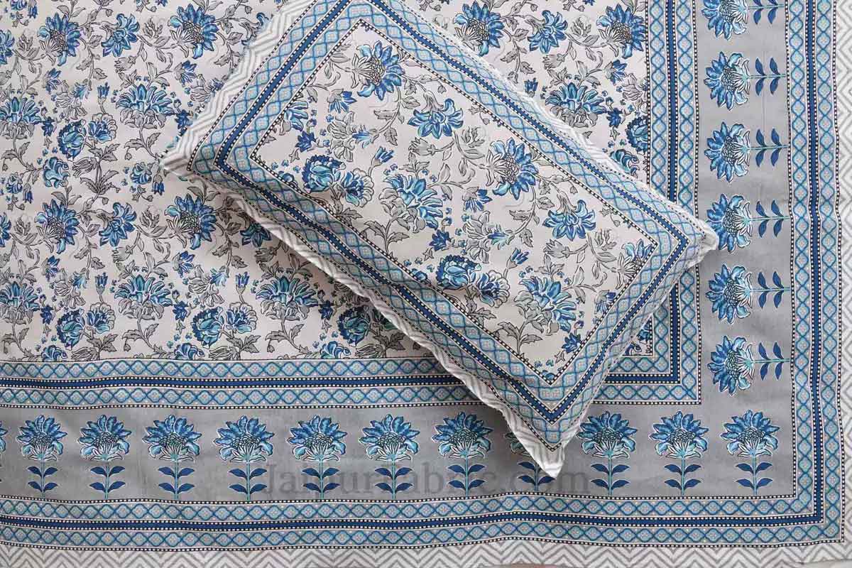 Fresh Carnations Blue Pure Cotton Double BedSheet