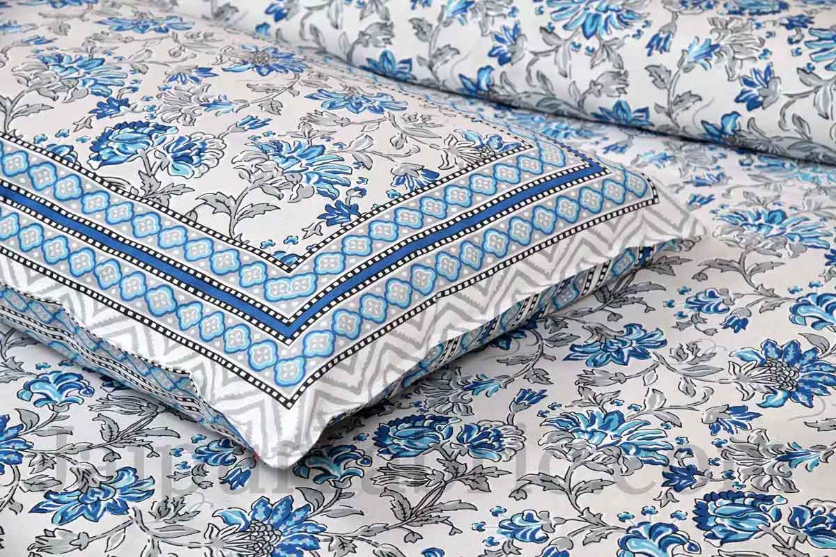 Fresh Carnations Blue Pure Cotton Double BedSheet