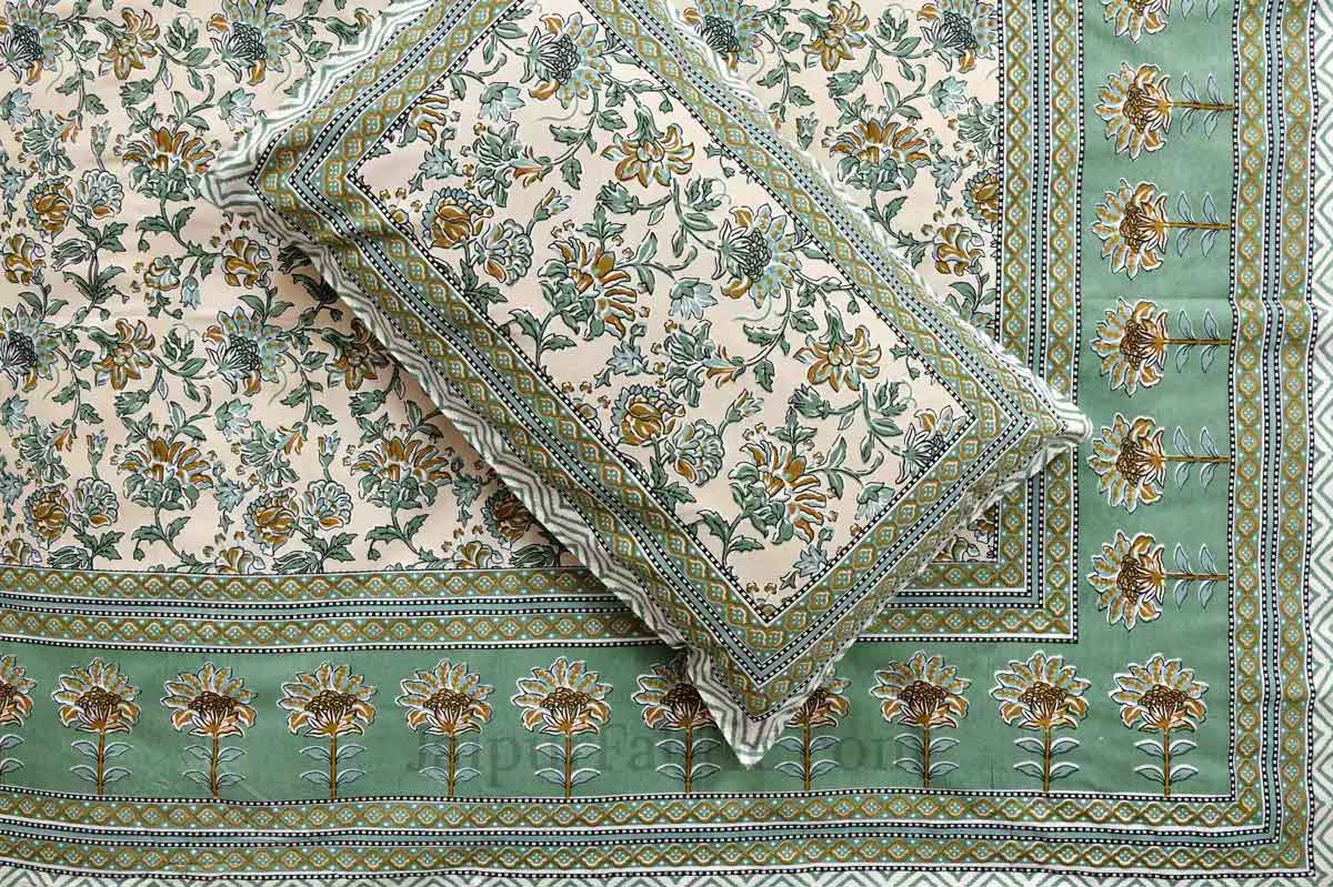 Fresh Carnations Green Pure Cotton Double BedSheet