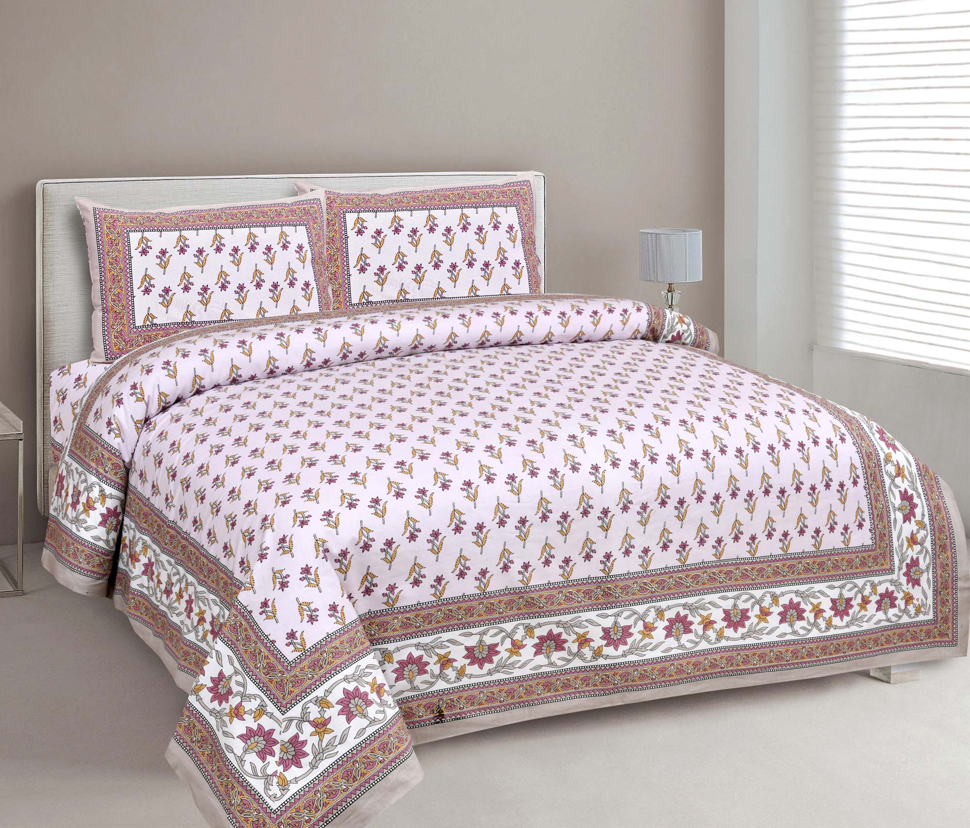 Pink Cotton Buds Beige Creeper Border Pure Cotton Double BedSheet