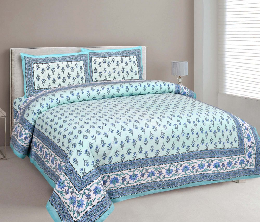 Blue Cotton Buds Blue Creeper Border Pure Cotton Double BedSheet