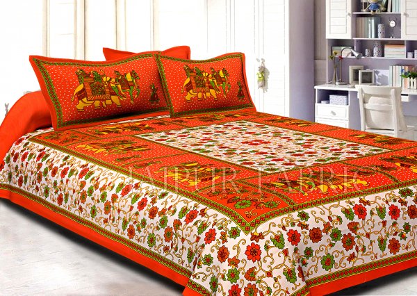 Orange Border Cream Base Barat Pattern Cotton Double Bed Sheet