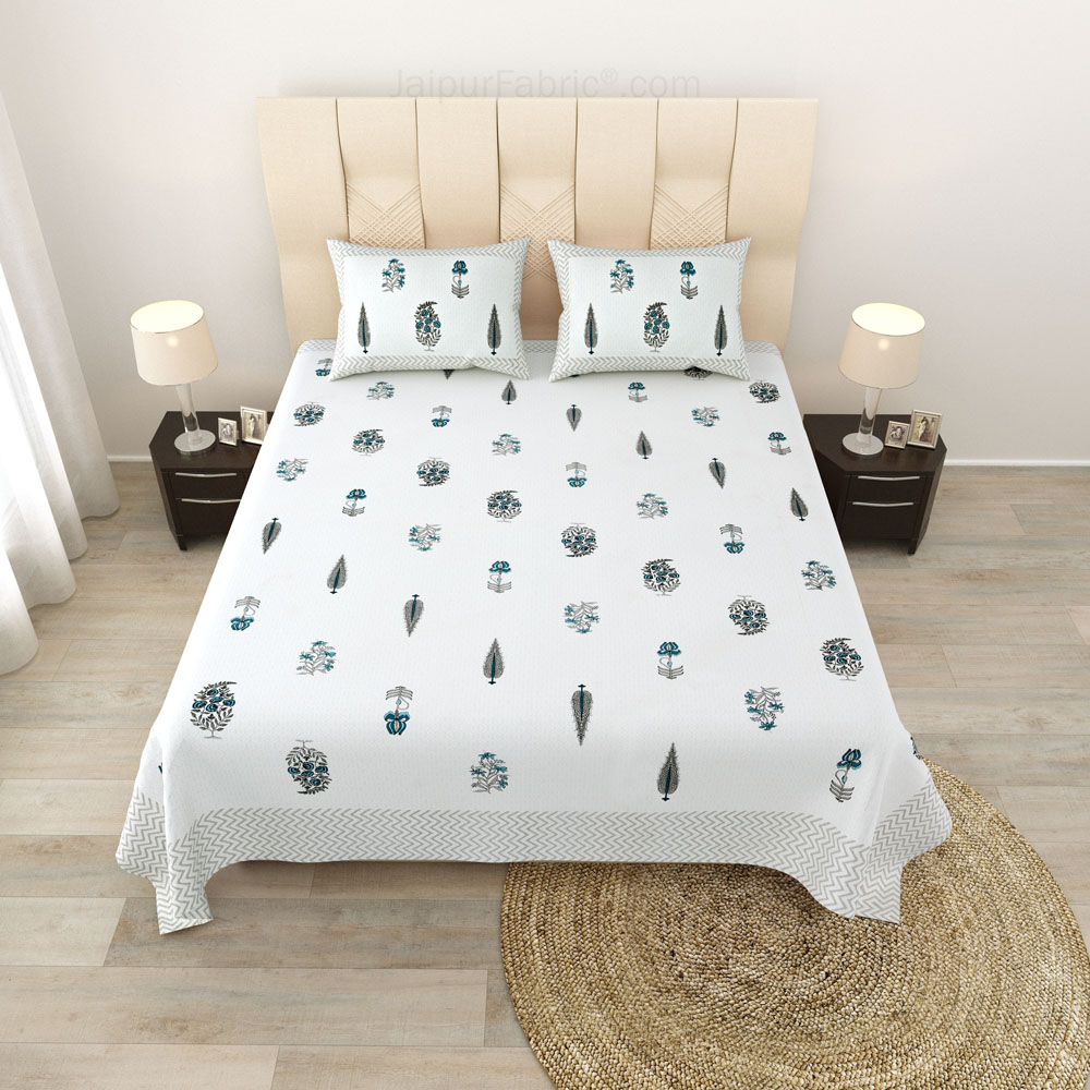 Folklore Fables Gray Block Print Pure Cotton Double Bedsheet