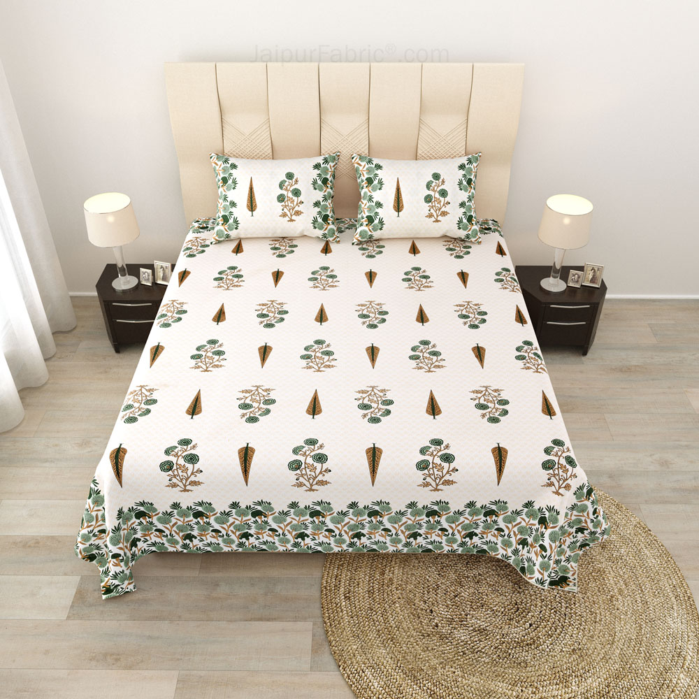 Natures Embrace Green Block Print Pure Cotton Double Bedsheet