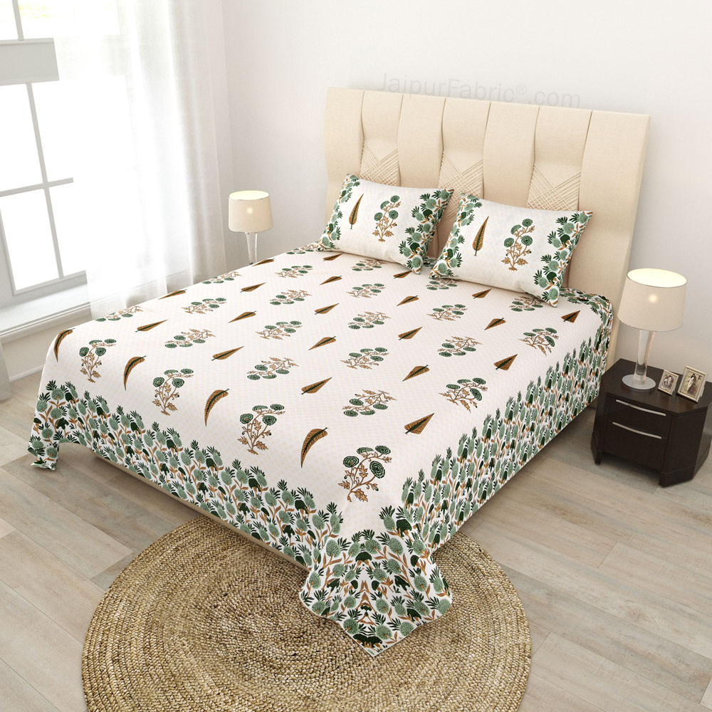 Natures Embrace Green Block Print Pure Cotton Double Bedsheet