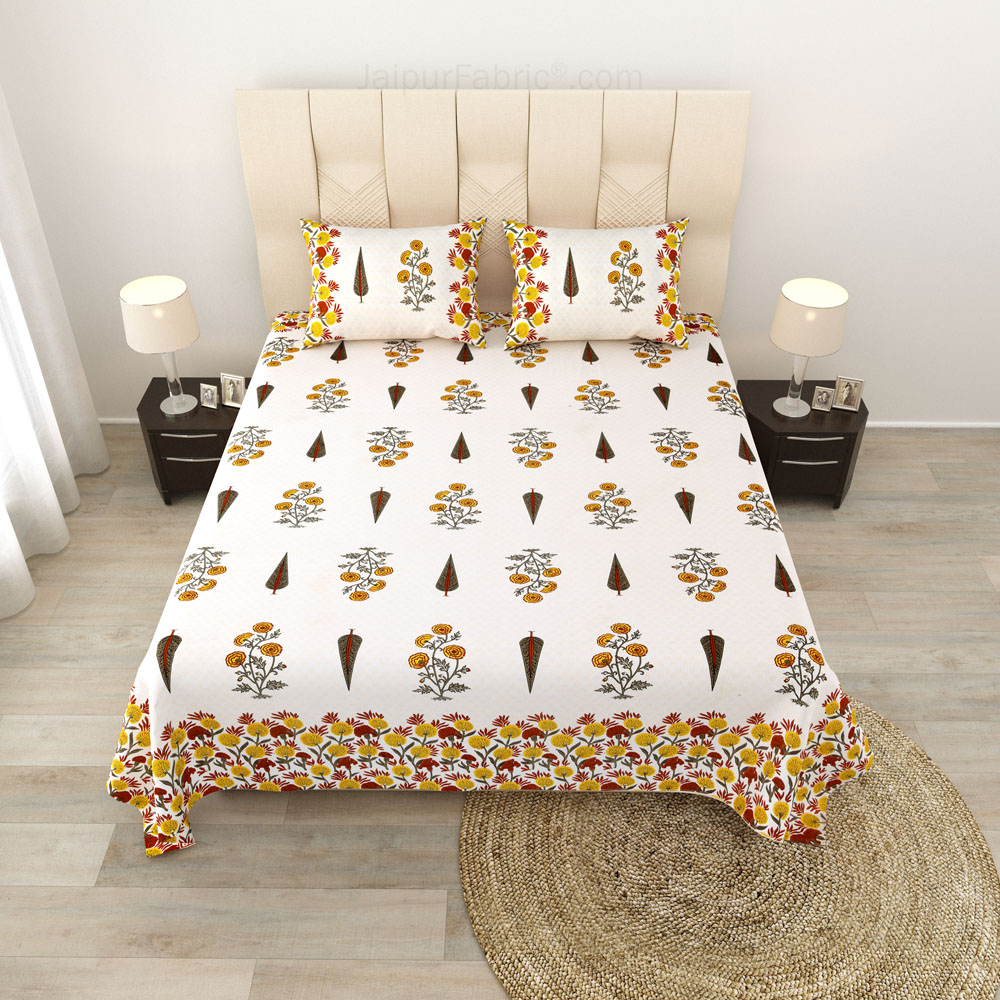 Natures Embrace Mustard Block Print Pure Cotton Double Bedsheet