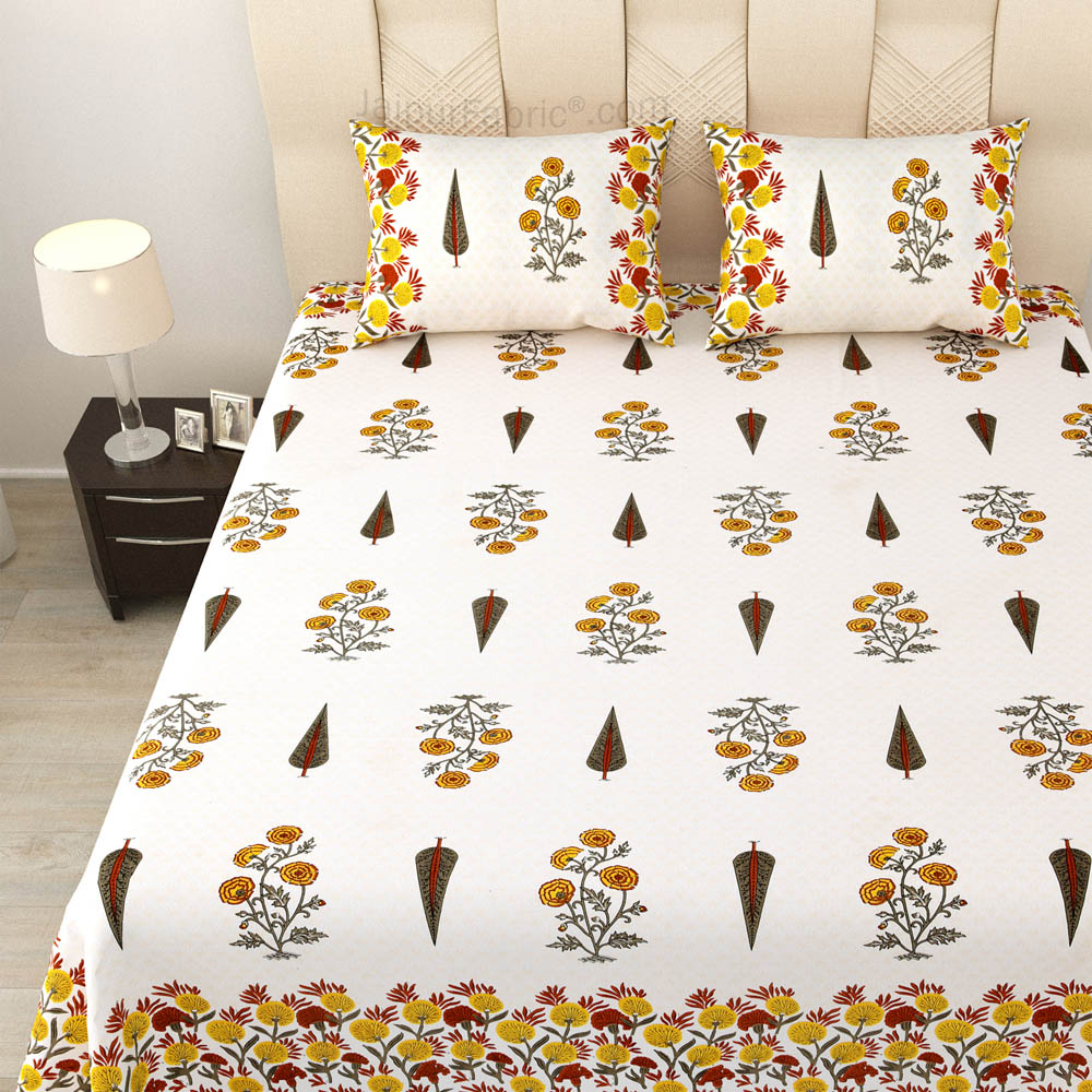 Natures Embrace Mustard Block Print Pure Cotton Double Bedsheet