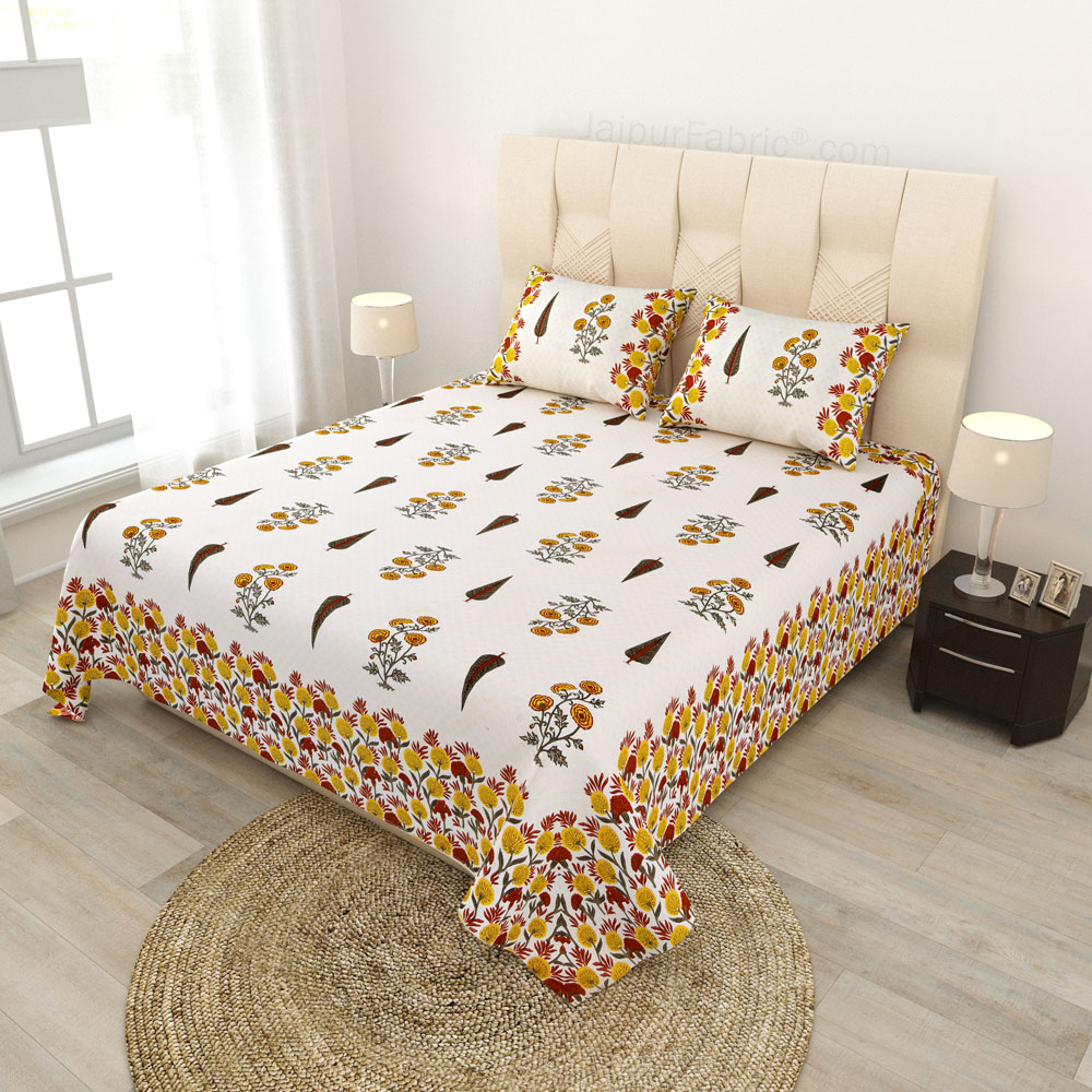 Natures Embrace Mustard Block Print Pure Cotton Double Bedsheet